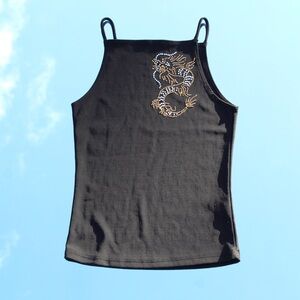 Late 90s/early 2000s vintage black slinky tank with bedazzled dragon design